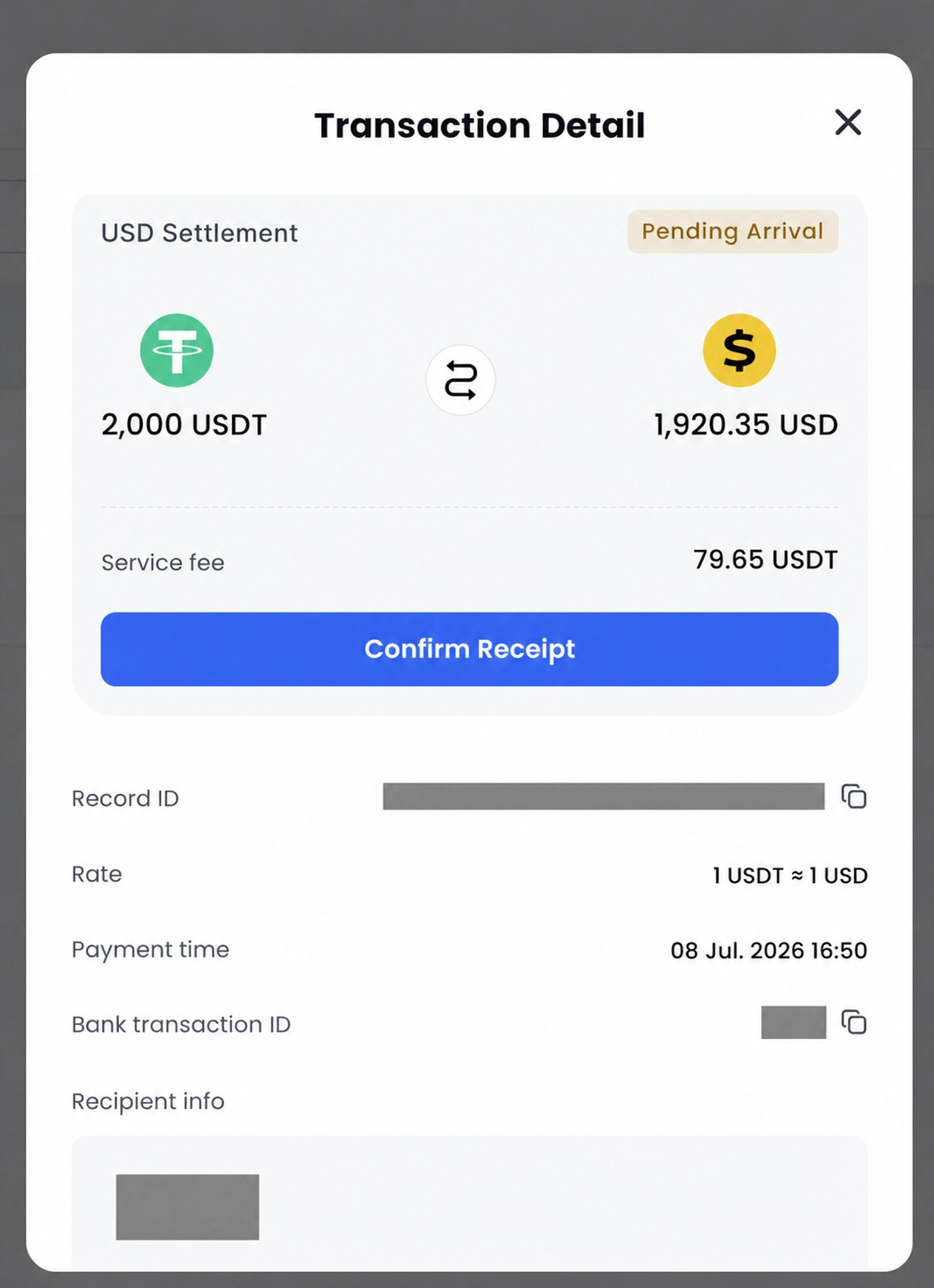 USDT to USD Settlement step7 Pending Arrival
