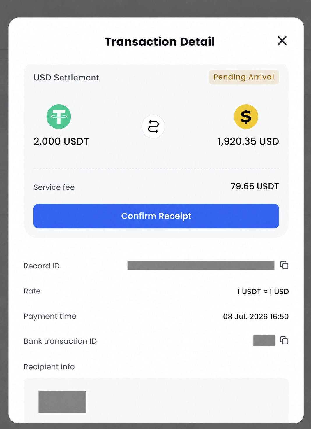 USDT to USD Settlement step7 Pending Arrival