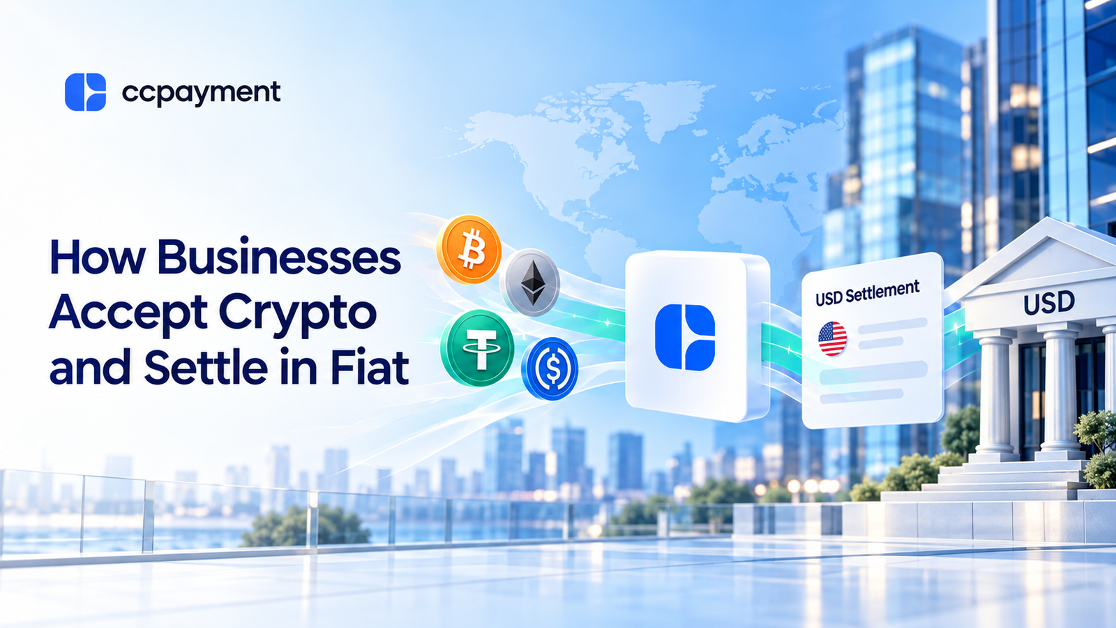Crypto to fiat payment gateway connecting crypto payments, stablecoin conversion, and USD bank settlement with CCPayment.