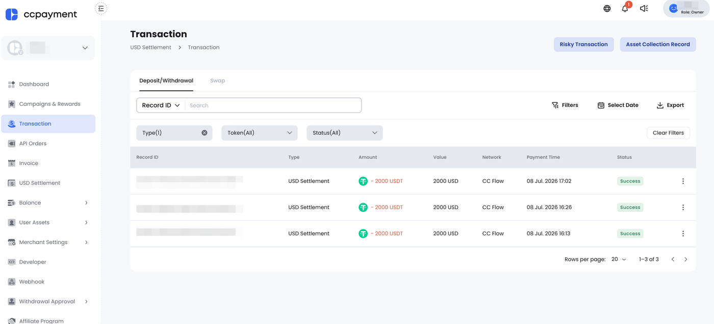USDT to USD Settlement step7 Check the status in the transaction record
