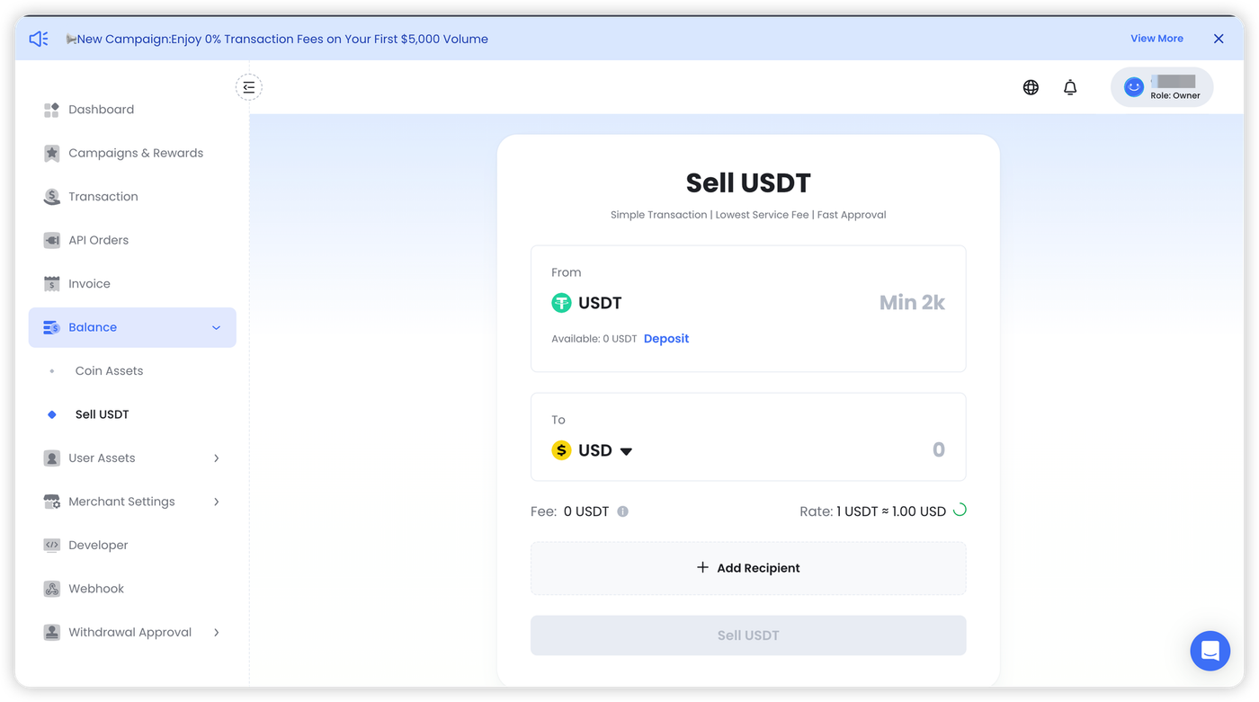 CCPayment's Dashboard shows a native USDT-to-USD off-ramp desk, demonstrating the manual stablecoin liquidation pathway to a USD bank transfer under a streamlined compliance framework for high-volume merchant treasury scaling.