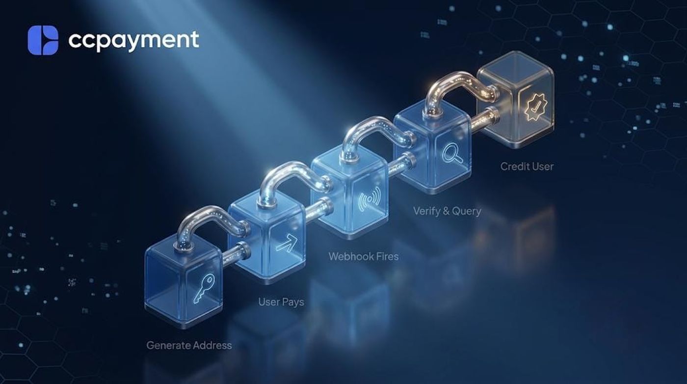 The 5-step crypto payment flow for AI agents: generate a permanent deposit address, user pays, webhook fires, verify and query, then credit user account.