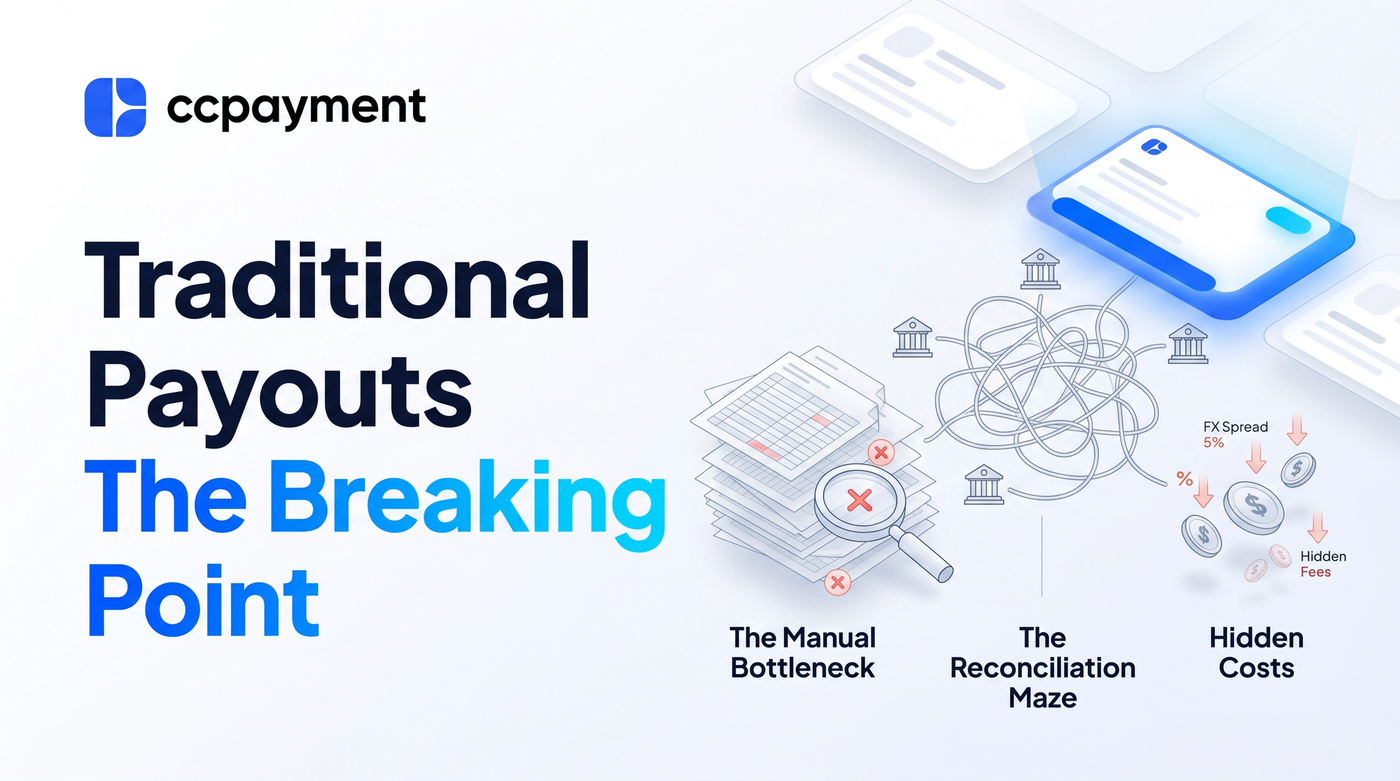 CCPayment infographic titled 'Traditional Payouts: The Breaking Point,' illustrating three pain points of legacy finance: the manual bottleneck of spreadsheets, the reconciliation maze of tangled bank networks, and hidden costs from FX spreads.