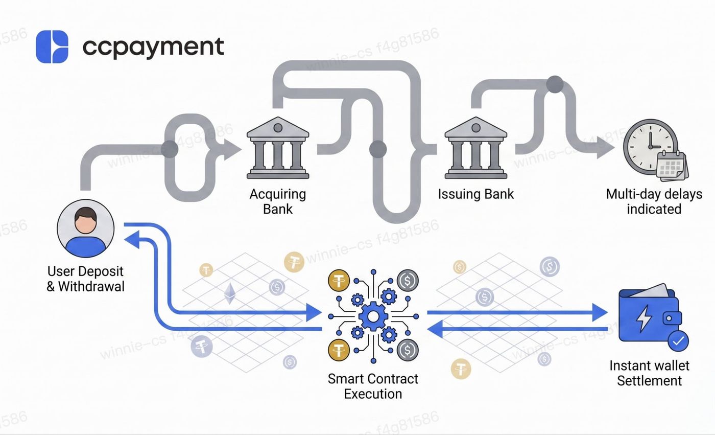 CCPayment iGaming payment solution bypassing legacy bank delays via smart contract execution to power a instant payout crypto casino 2026