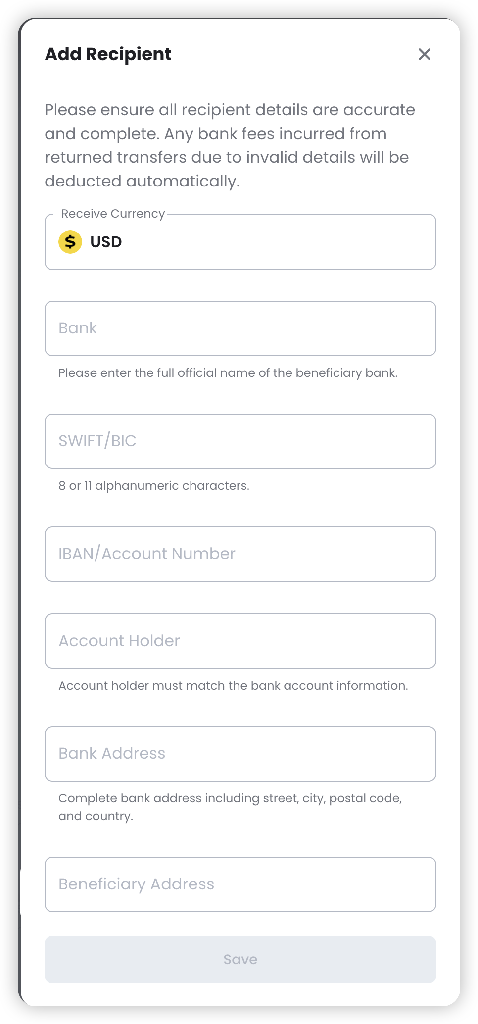 USDT to USD Settlement step2 Add Your Corporate Bank Recipient