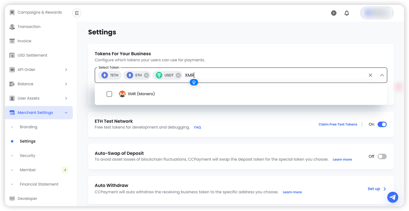 How to enable XMR in CCpayment dashboard