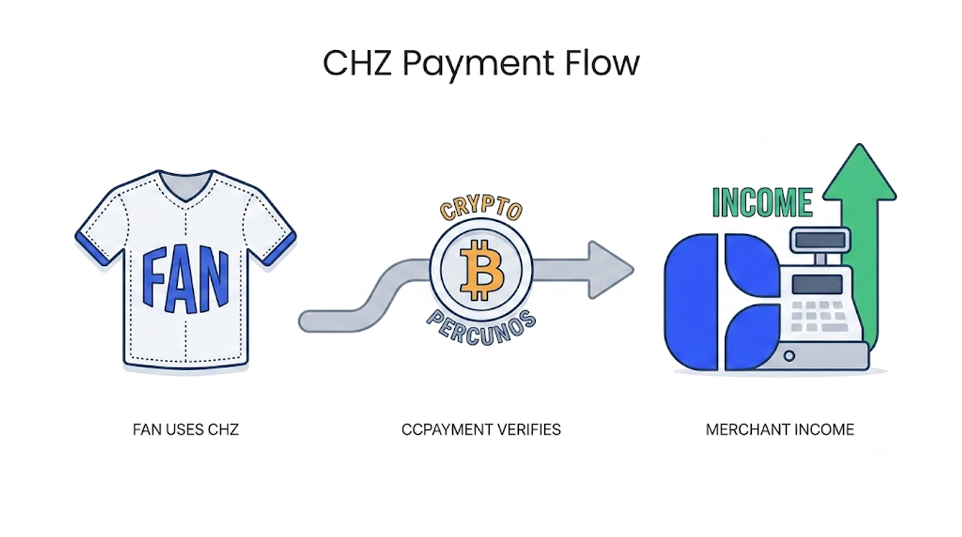A fan uses CHZ for sports merchandise, CCPayment verifies the transaction, and the merchant receives the revenue