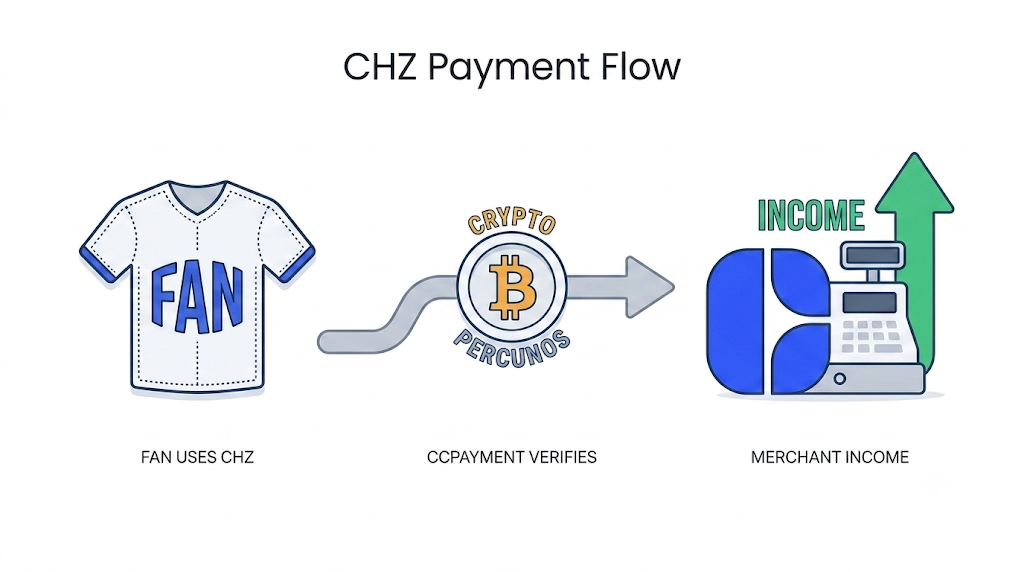 A fan uses CHZ for sports merchandise, CCPayment verifies the transaction, and the merchant receives the revenue