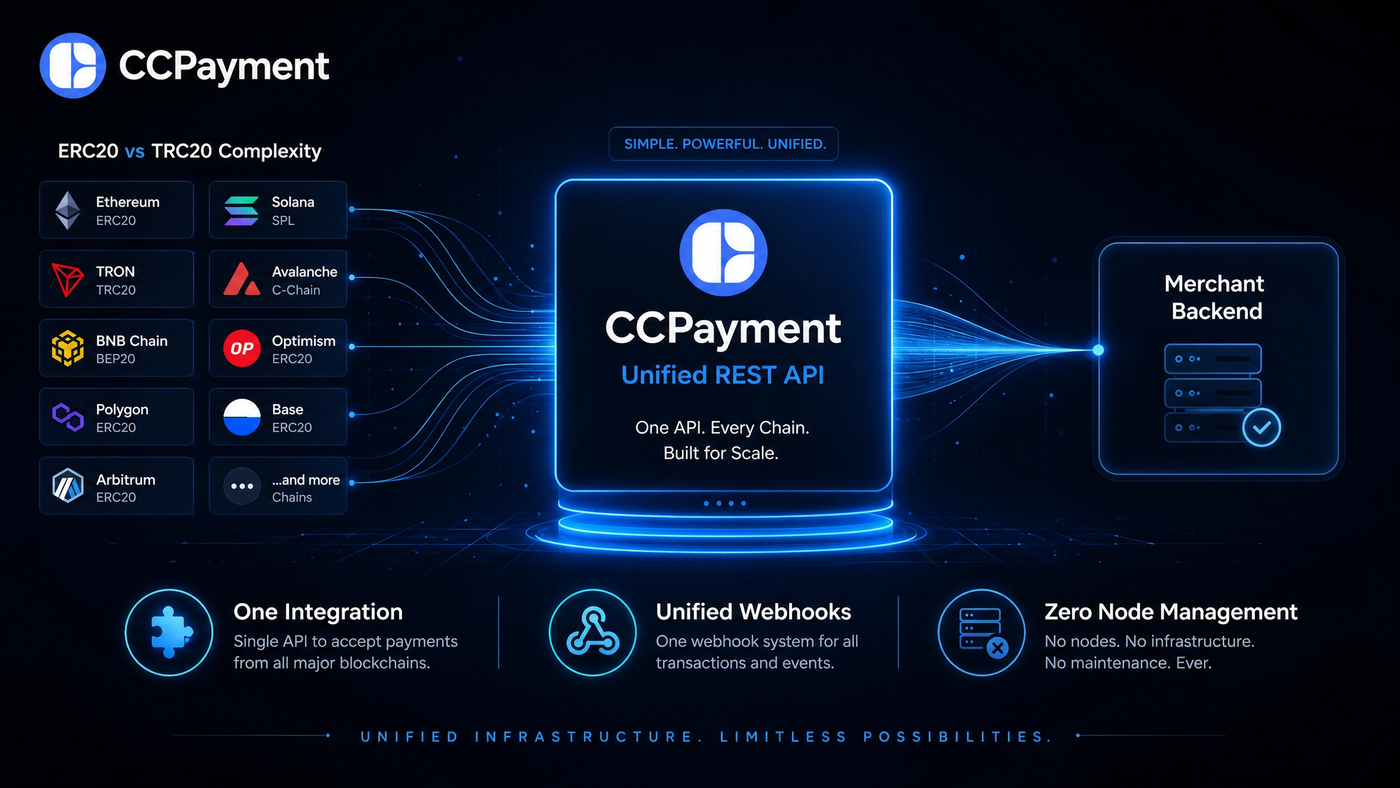CCPayment Unified REST API simplifying multi-chain crypto payments like ERC20 and TRC20 into one integration.