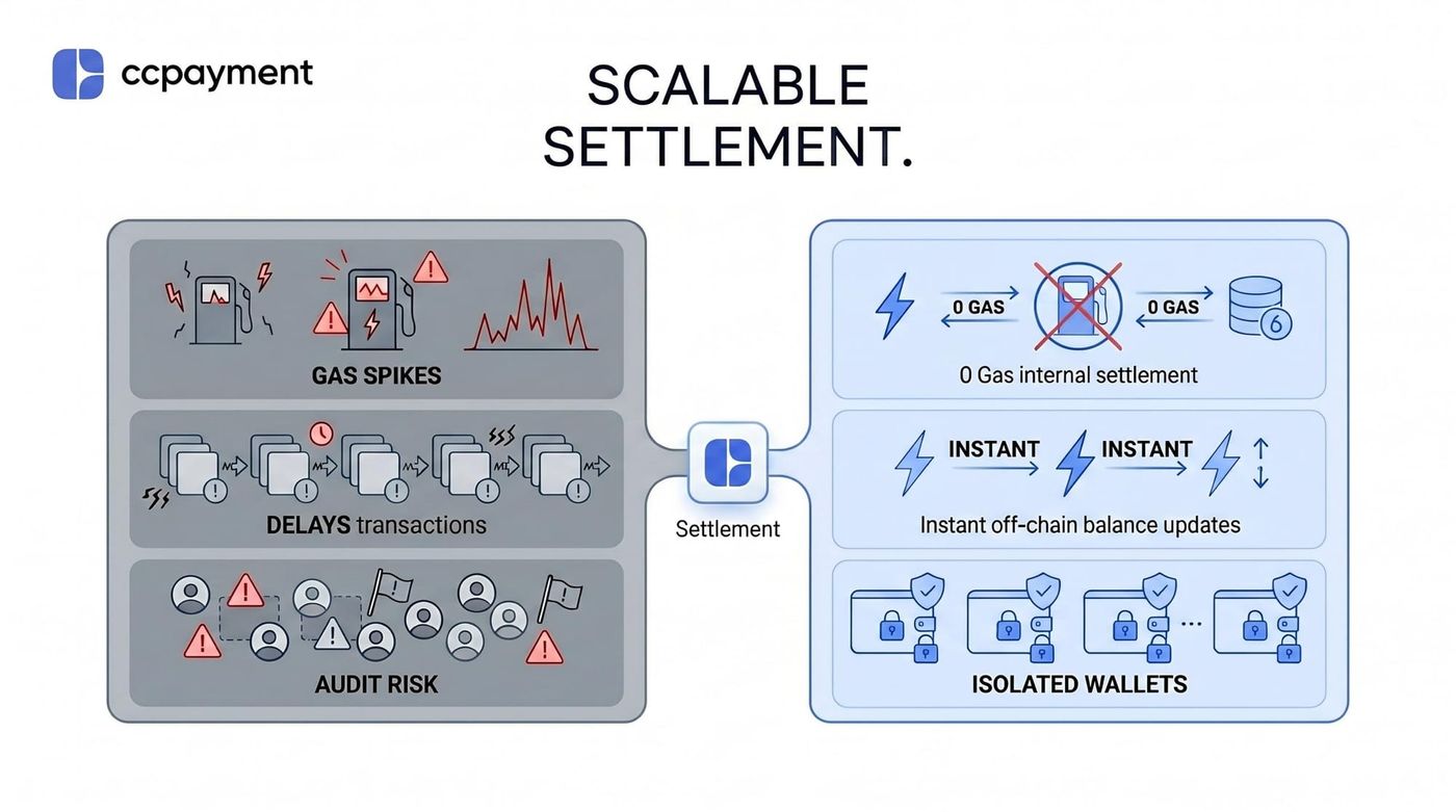 Bypassing traditional on-chain bottlenecks, CCPayment delivers high-concurrency event settlement through zero-gas internal clearing, instant off-chain updates, and isolated PoR-ready sub-wallets.