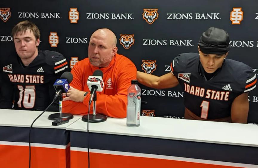 Idaho State University quarterback Sagan Gronauer, left, and wide receiver Xavier Guillory address media with head coach Charlie Ragle following 28-20 loss to the University of Montana on Oct. 1.