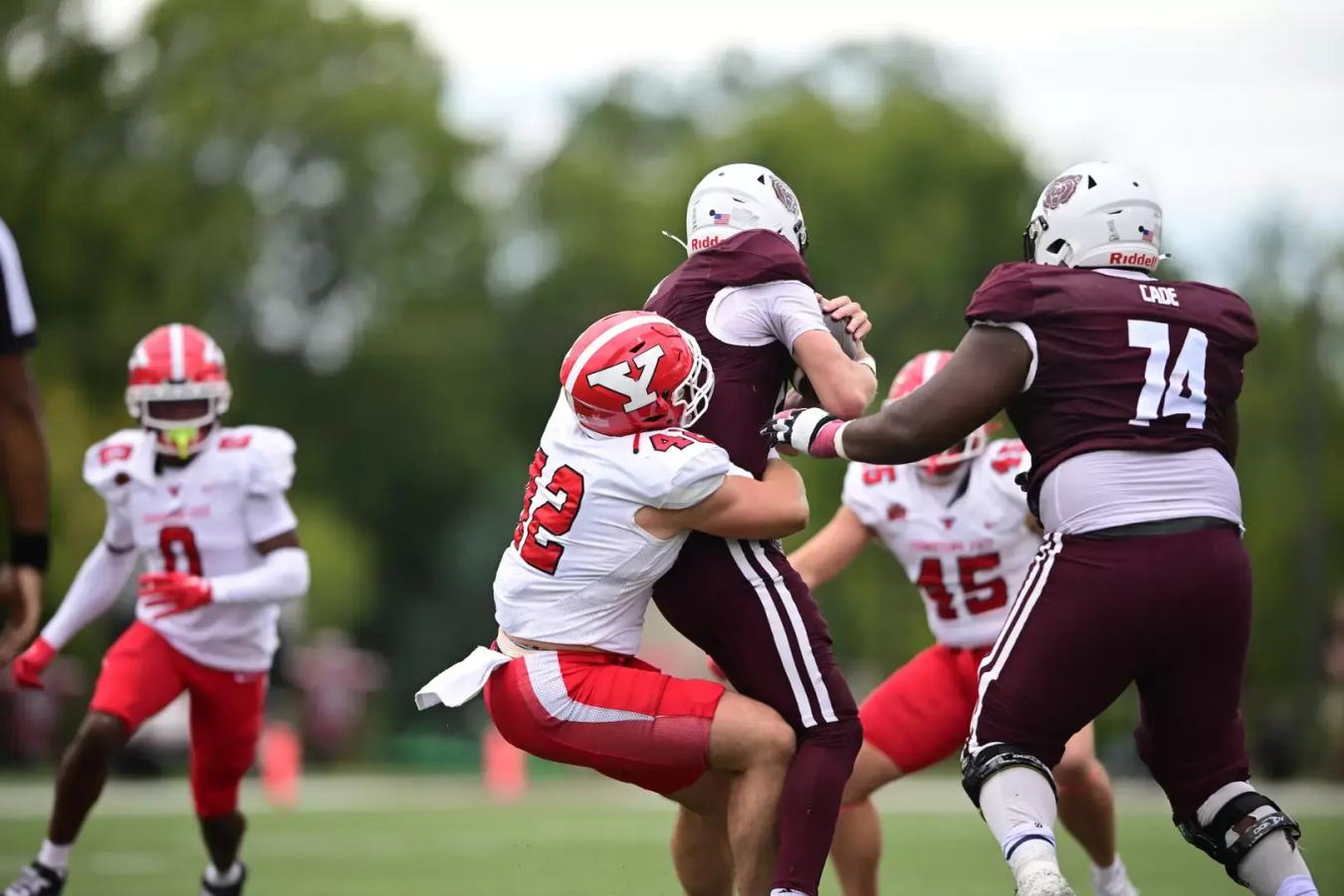 YSU's Michale Voitus making a tackle against Missouri State in 2024.