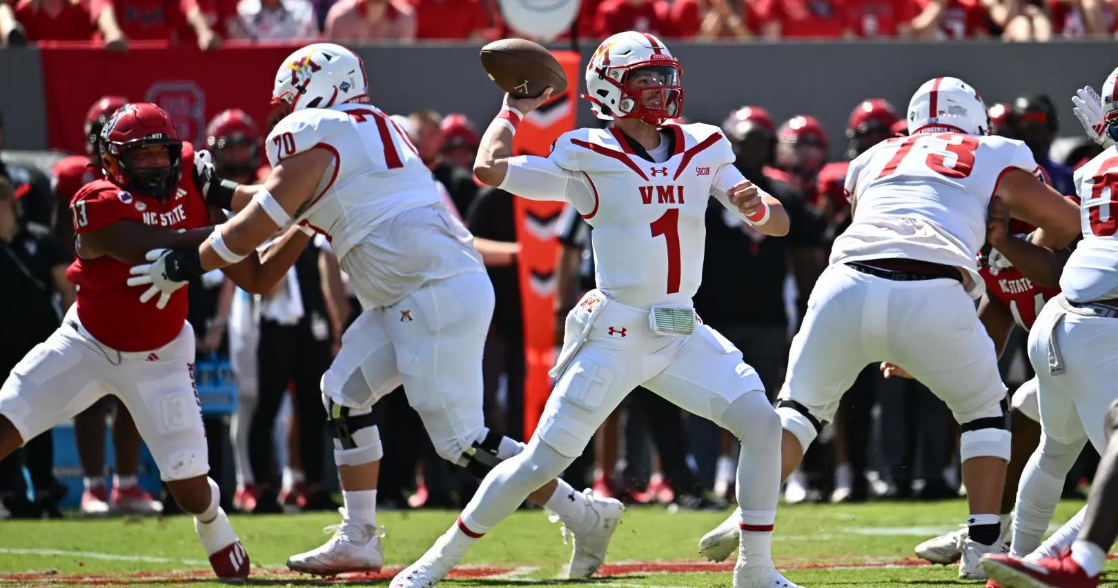 VMI QB Collin Shannon attempts a pass against NC State, Sept. 16, 2023