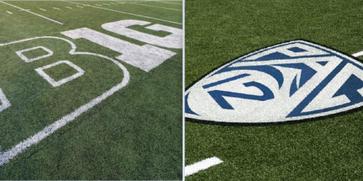 B1G Logo on a football field next to PAC-12 Logo on a football field