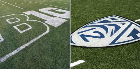 B1G Logo on a football field next to PAC-12 Logo on a football field