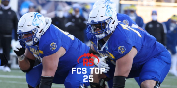 Picture of South Dakota State O-Line with the Redshirt Sports FCS Top 25 logo in the bottom left