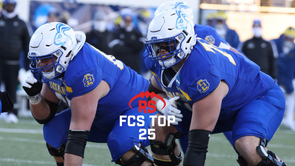 Picture of South Dakota State O-Line with the Redshirt Sports FCS Top 25 logo in the bottom left