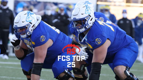 Picture of South Dakota State O-Line with the Redshirt Sports FCS Top 25 logo in the bottom left