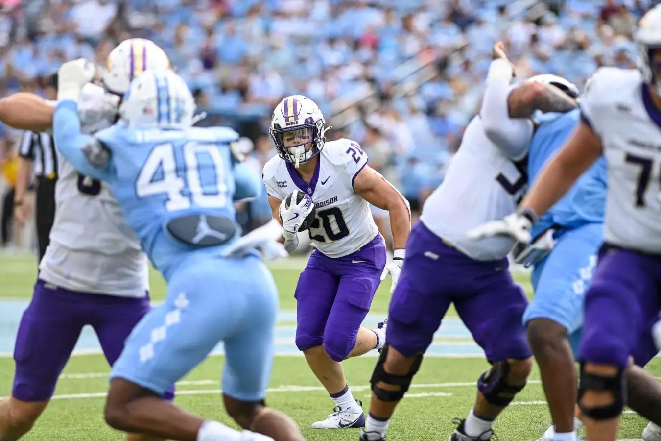 JMU RB Tyler Purdy rushes against North Carolina during a 70-50 win
