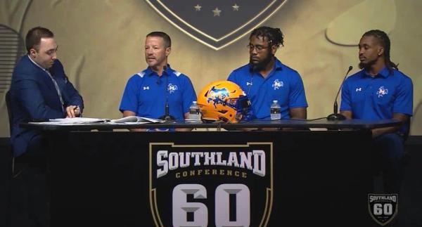 McNeese State Head Coach Gary Goff alongside defensive lineman C.J. Semien and wide receiver/ return specialist Mason Pierce