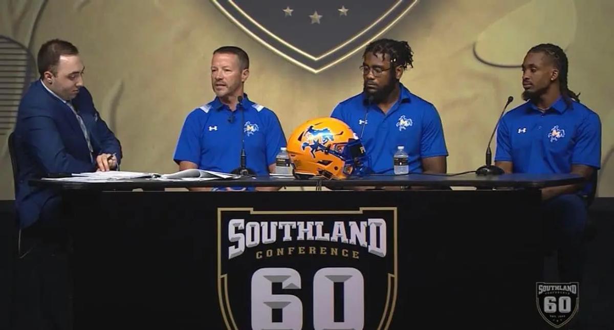 McNeese State Head Coach Gary Goff alongside defensive lineman C.J. Semien and wide receiver/ return specialist Mason Pierce 