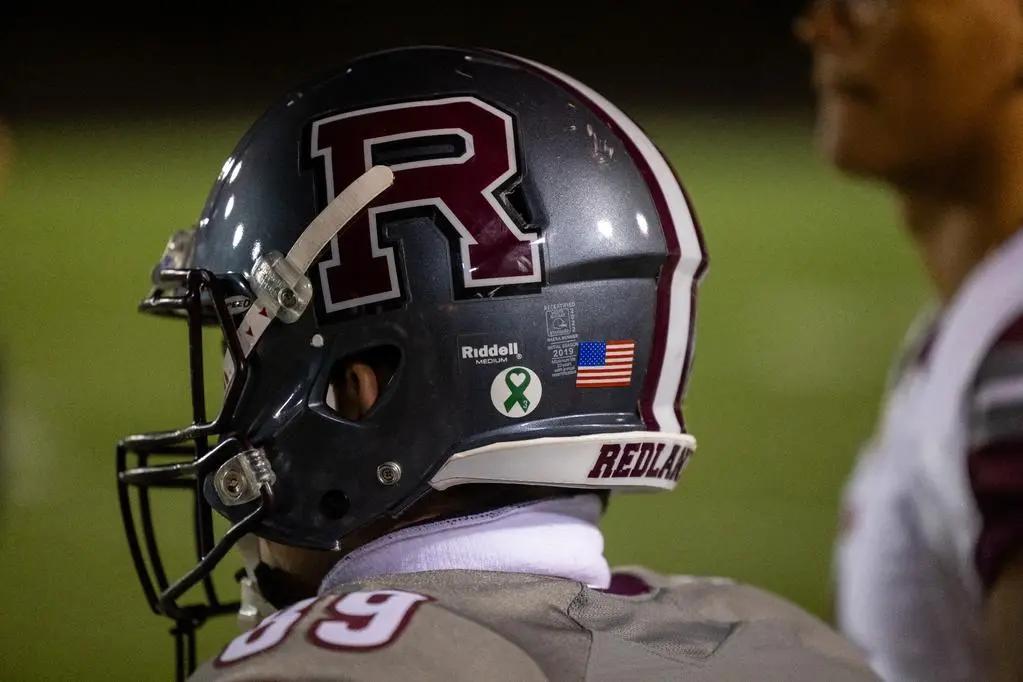 Photo of a Redlands football player's helmet
