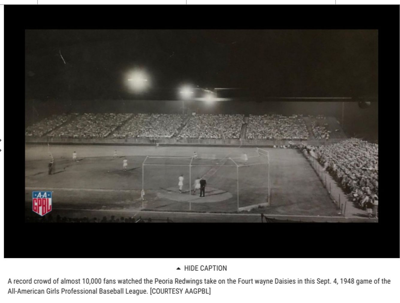 Peoria Stadium in front of a packed All-American Girls Professional Baseball League crowd in 1948