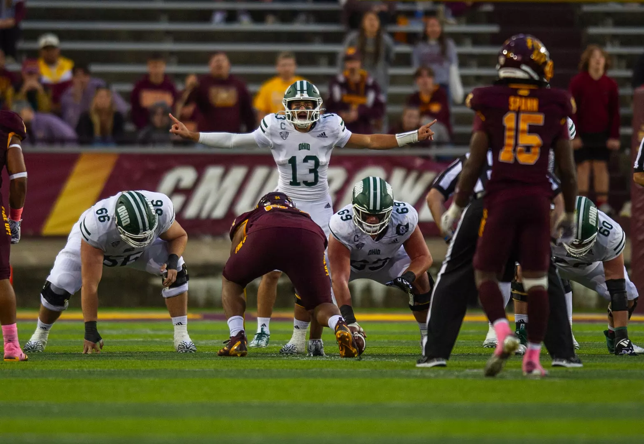 Ohio QB Parker Navarro presnap during their game at Central Michigan on 10/12/2024