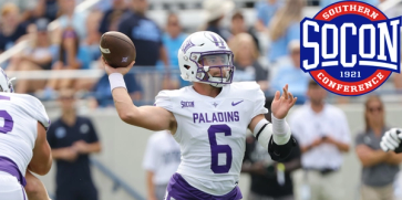 Furman's Tyler Huff with SoCon Logo in upper right