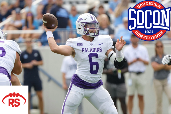 Furman's Tyler Huff with SoCon Logo in upper right
