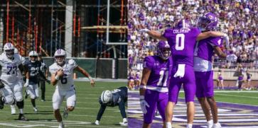 A combination of photos of Furman's QB scrambling against Samford and WCU's Colombo celebrating after a touchdown.