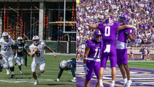 A combination of photos of Furman's QB scrambling against Samford and WCU's Colombo celebrating after a touchdown.