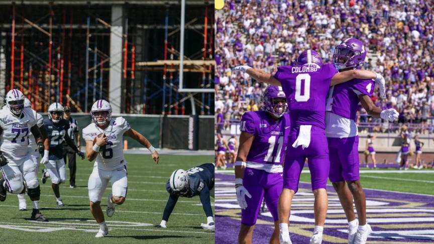 A combination of photos of Furman's QB scrambling against Samford and WCU's Colombo celebrating after a touchdown.