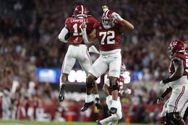 Alabama Linebacker Jihaad Campbell (11) and Alabama Offensive Lineman Parker Brailsford (72) celebrates at Bryant-Denny Stadium in Tuscaloosa, AL on Saturday, Sep 28, 2024.
