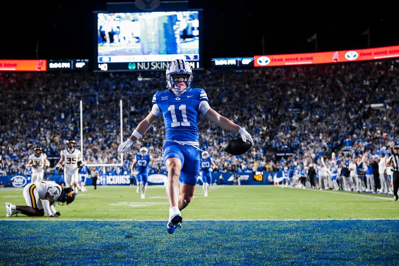 BYU wide receiver Parker Kingston scoring a touchdown against West Virginia
