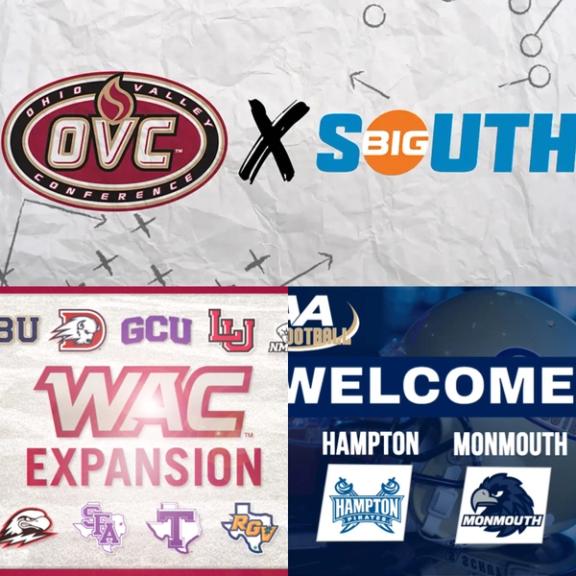 A collage of WAC expansion, OVC & Big South Association and CAA welcoming Hampton and Monmouth