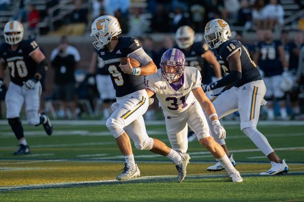 Transfer LB Tyler Matheny sacked UTC quarterback Chase Artopoeus in Saturday's road win. The Catamounts recorded three sacks in the winning effort.