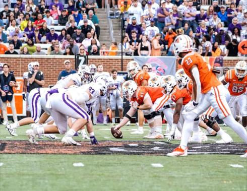 Furman defensive line up against Mercer’s offense