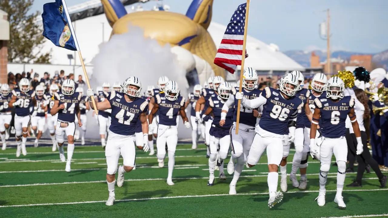 Montana state bobcats football team take the field at Bobcat Stadium