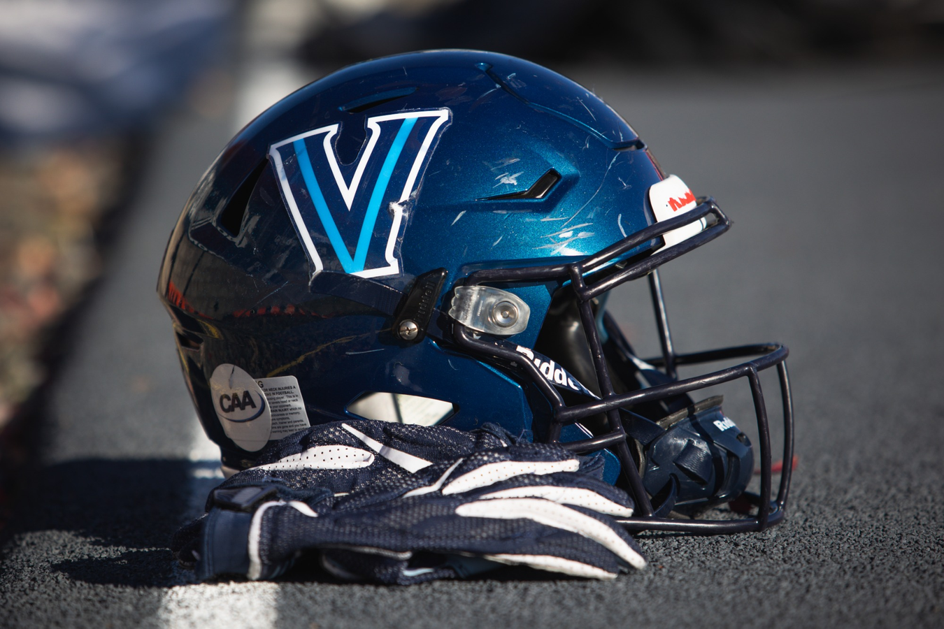 Photo of a Villanova football helmet during their game against Monmouth