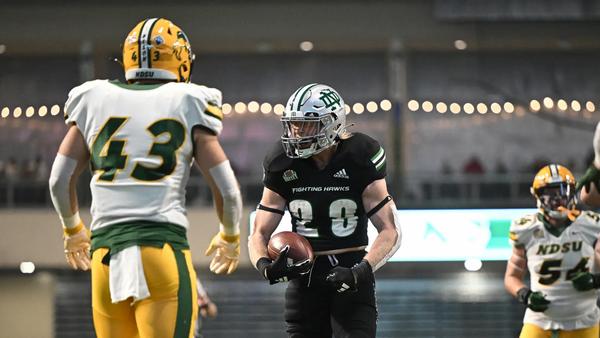 North Dakota's Gaven Ziebarth celebrates after a big play against North Dakota State