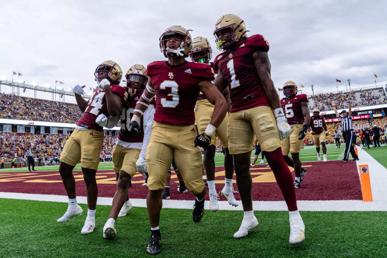 Boston College Celebrates in the endzone.