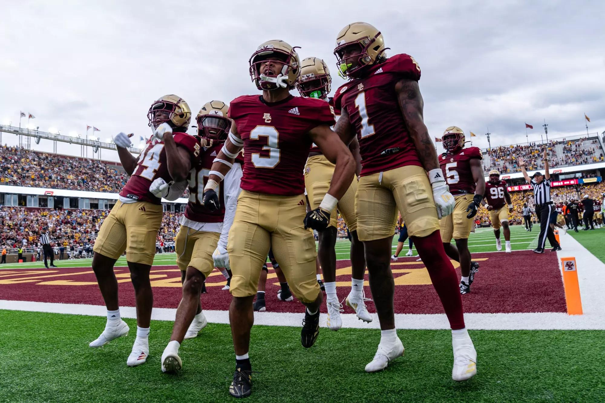 Boston College Celebrates in the endzone.