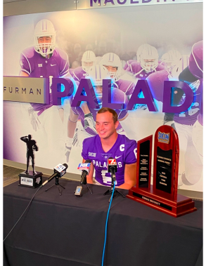 Furman's QB Tyler Huff being interviewed after receiving the Armed Forces Merit Award