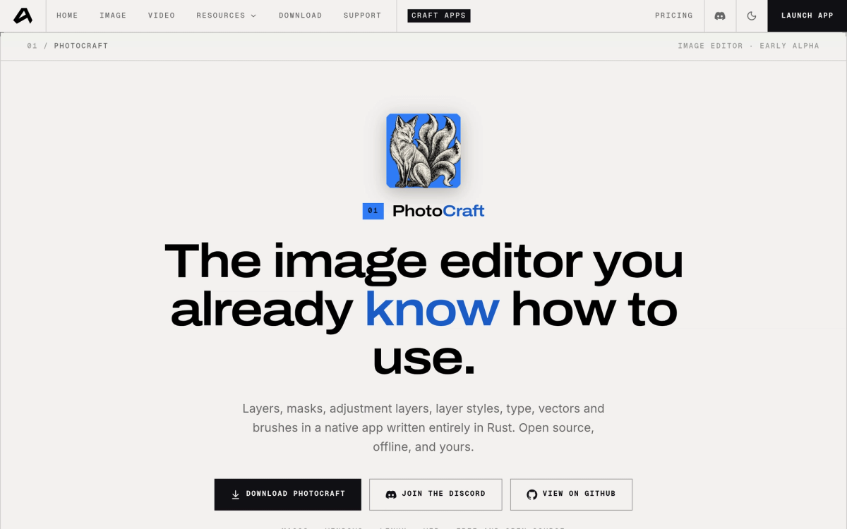 PhotoCraft official website - the open-source Photoshop alternative built in Rust