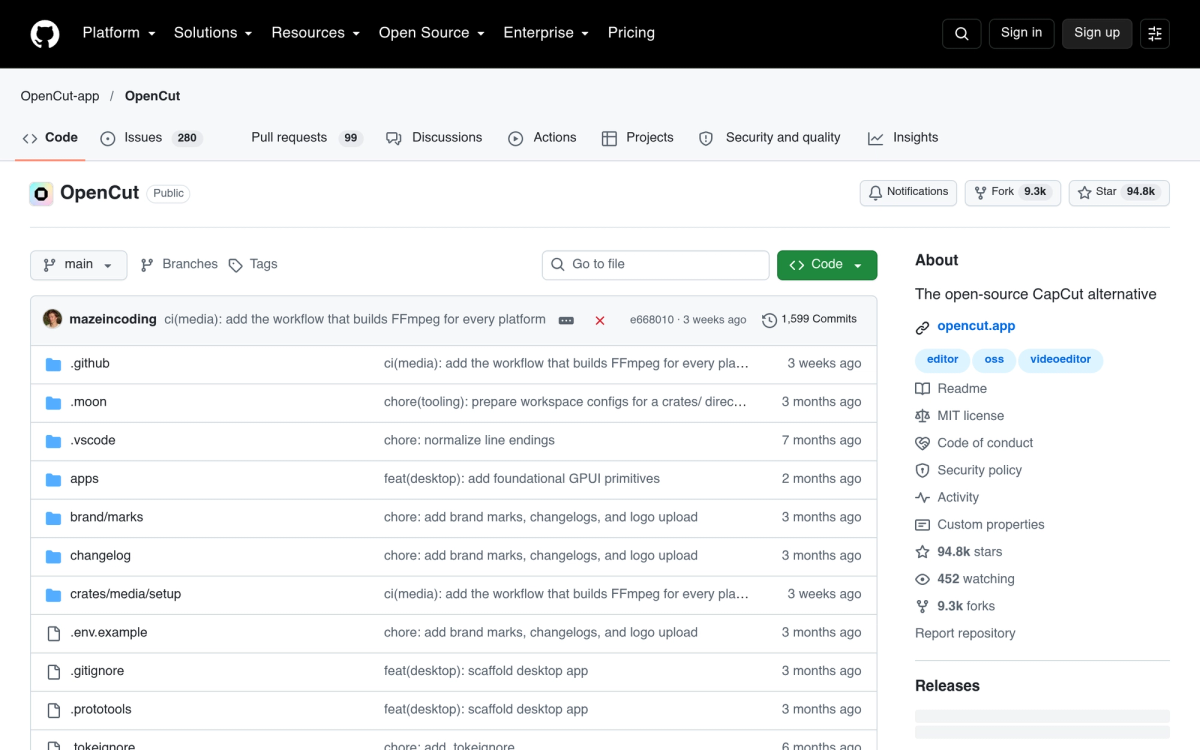 OpenCut official GitHub repository - free open-source CapCut alternative for video editing