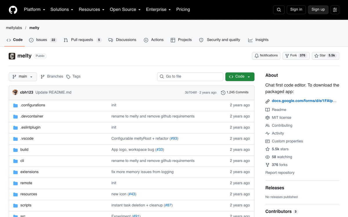 Melty GitHub repository - the chat-first AI code editor where every message is a git commit
