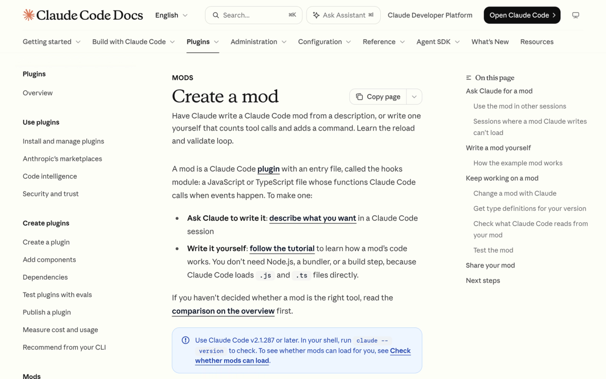 Anthropic Claude Code documentation for building TypeScript mods