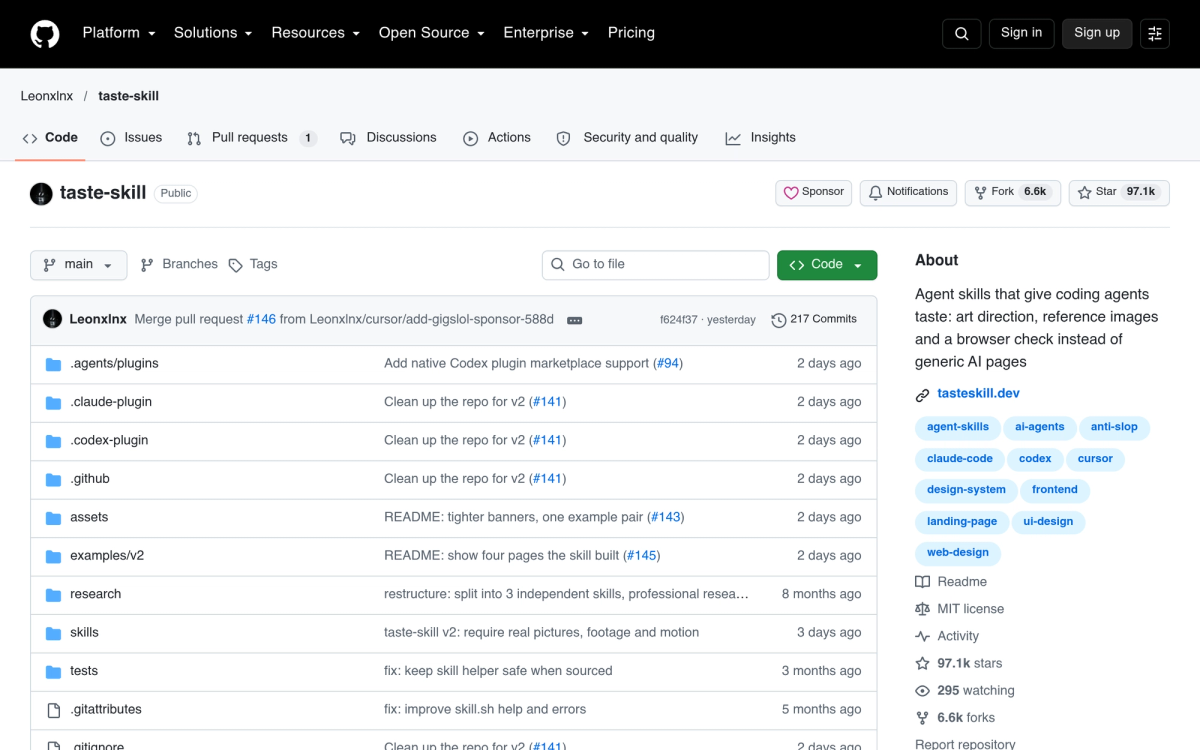 Taste Skill official GitHub repository - anti-slop frontend design framework for Claude Code and AI agents
