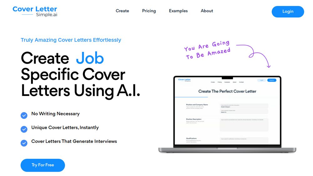 Screenshot of coverlettersimple ai